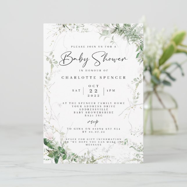 Elegant Greenery Baby Shower Invitation (Standing Front)