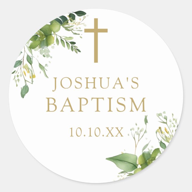 Elegant Greenery Baptism Christening Favor Classic Round Sticker (Front)