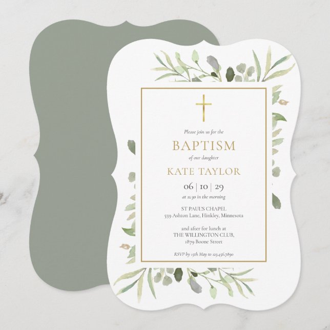 Elegant Greenery Baptism Christening Invitation (Front/Back)