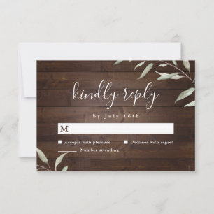 Elegant greenery barn wood county rustic wedding RSVP card