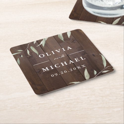 Elegant greenery barn wood county rustic wedding square paper coaster