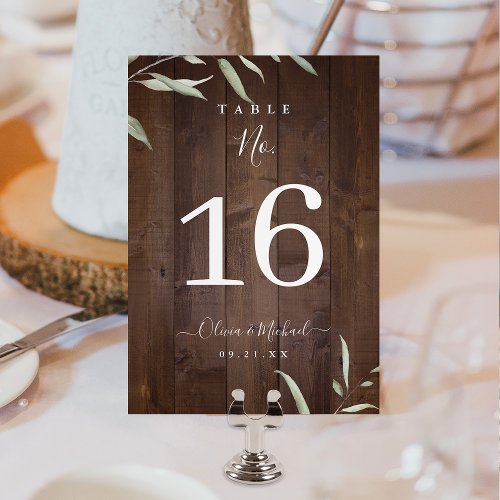 Elegant greenery barn wood county rustic wedding table number