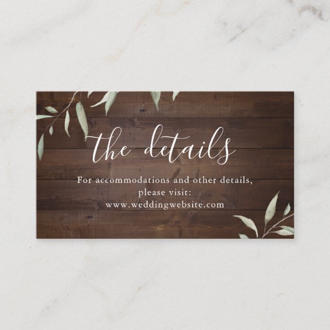 Elegant greenery barn wood rustic wedding details place card (Front)