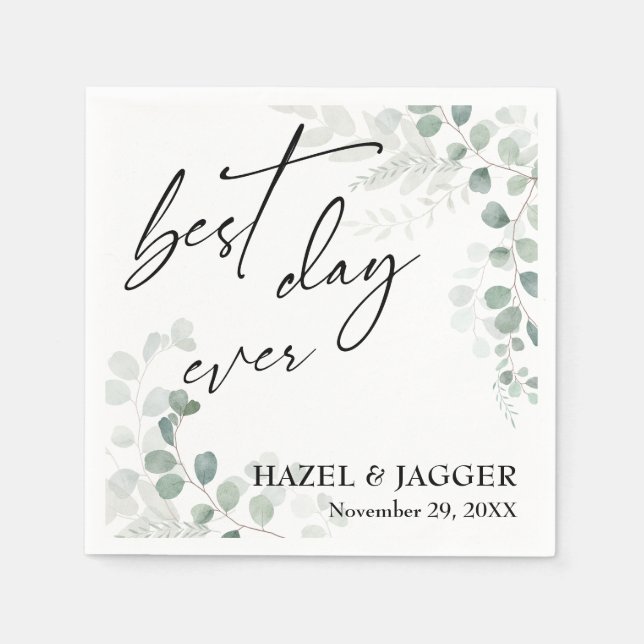 Elegant Greenery Best Day Ever Wedding Napkins (Front)
