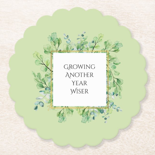 Elegant Greenery Birthday Party Customizable Paper Coaster (Front)
