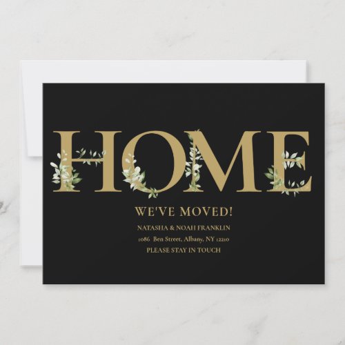 Elegant Greenery Black And Gold Home Moving  Announcement