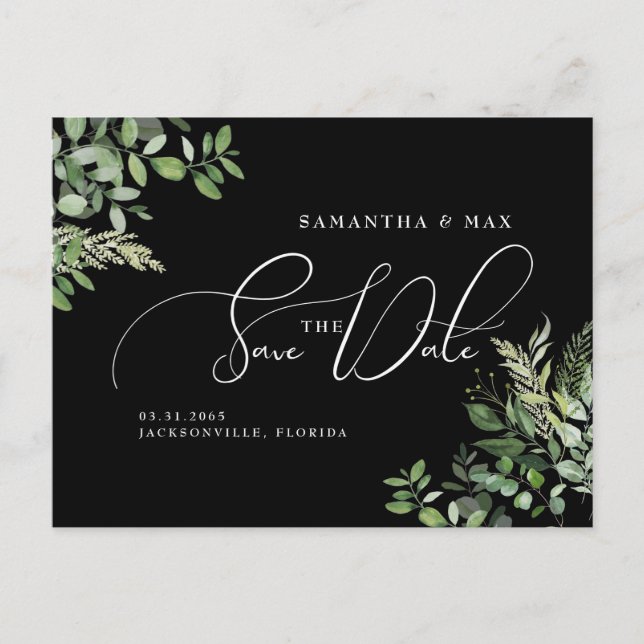 Elegant Greenery Black Photo Save the Date  Postcard (Front)