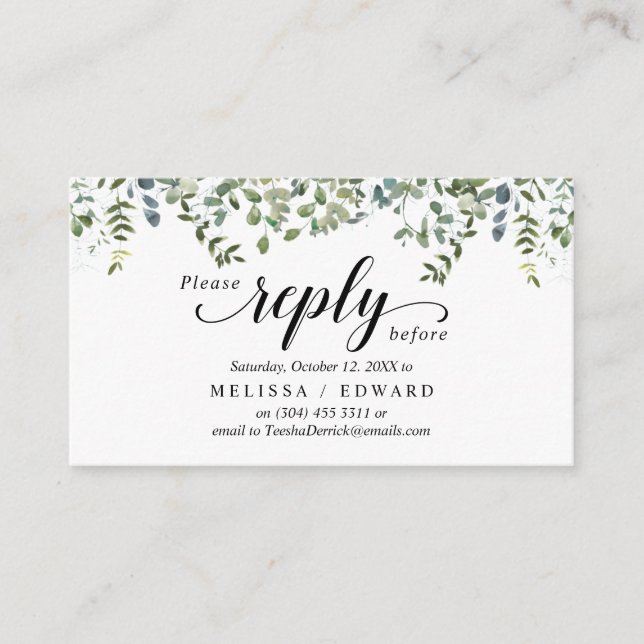 Elegant Greenery, Black, RSVP respond, Reply Enclosure Card (Front)
