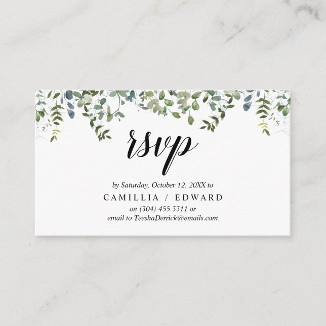 Elegant Greenery, Black Script, RSVP respond Enclosure Card (Front)