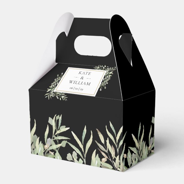 Elegant Greenery Black Wedding Favor Box (Front Side)