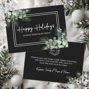 Elegant Greenery Black White Business Logo Holiday Card