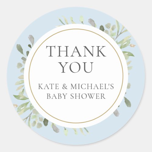 Elegant Greenery Blue Baby Boy Shower Thank You Classic Round Sticker