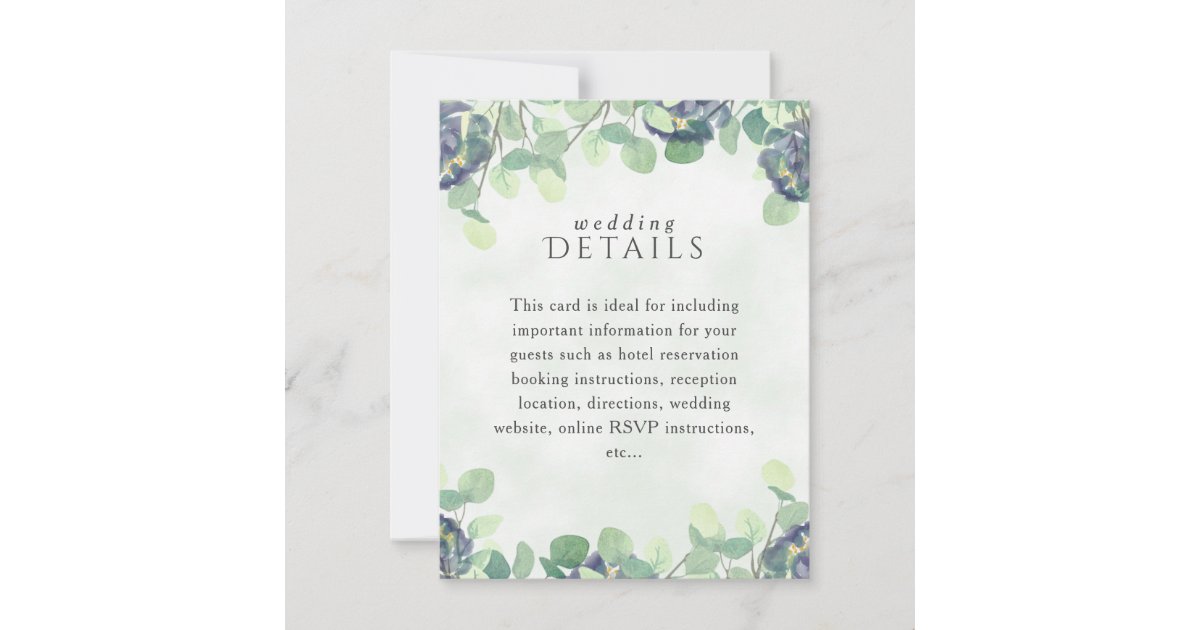 Elegant Greenery Blue Floral Wedding Details Card | Zazzle