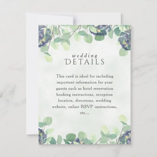 Elegant Greenery Blue Floral Wedding Details Card