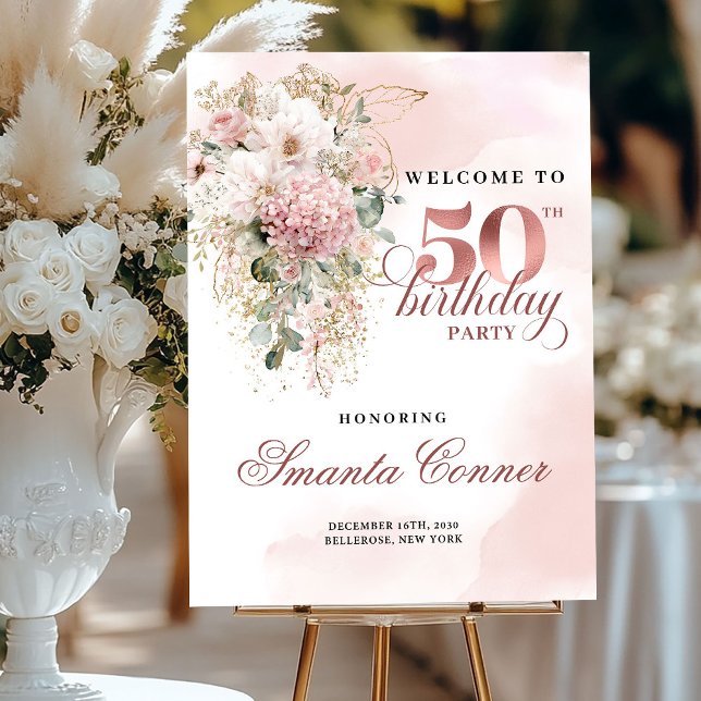 Elegant Greenery Blush Gold 50th Birthday Welcome Foam Board (Elegant Greenery Blush Gold 50th Birthday Welcome)