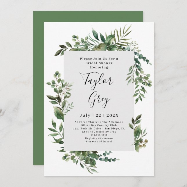 Elegant Greenery Border  Bridal Shower Invitation (Front/Back)