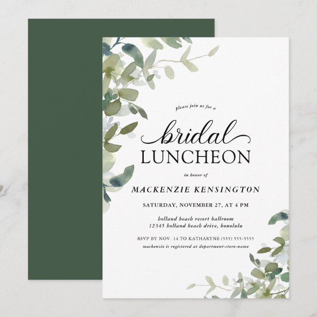 Elegant Greenery Botanical Bridal Luncheon Invitation (Front/Back)