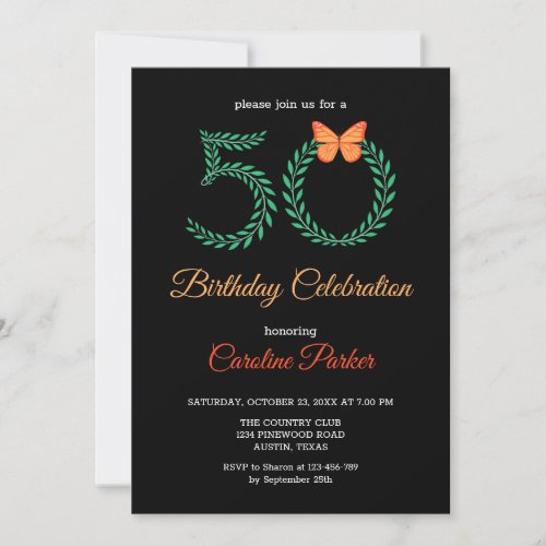 Elegant Greenery Botanical Butterfly 50th Birthday Invitation