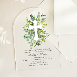 Elegant Greenery Botanical Cross Baptism Acrylic Invitations
