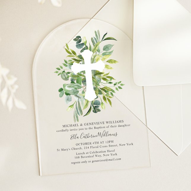 Elegant Greenery Botanical Cross Baptism Acrylic Invitations (Creator Uploaded)