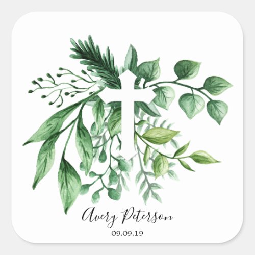 Elegant Greenery Botanical Cross Holy Communion Square Sticker