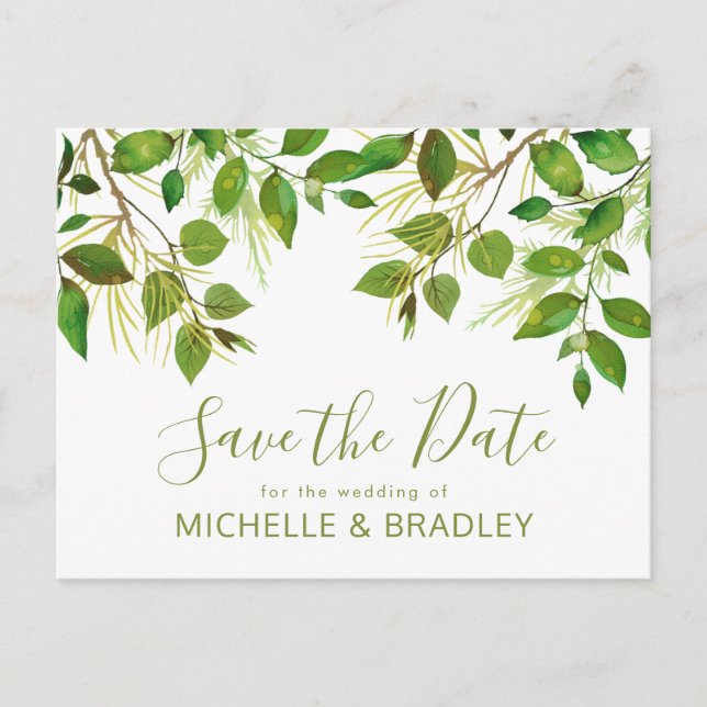 Elegant Greenery Botanical Foliage Save the Date Announcement Postcard (Front)