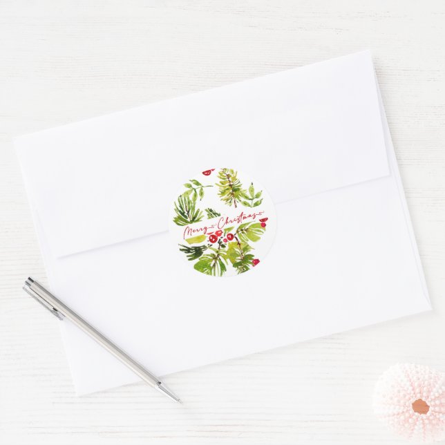 Elegant Greenery Botanical  Holiday Classic Round Sticker (Envelope)