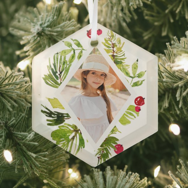 Elegant Greenery Botanical Photo Holiday Glass Ornament (Insitu)