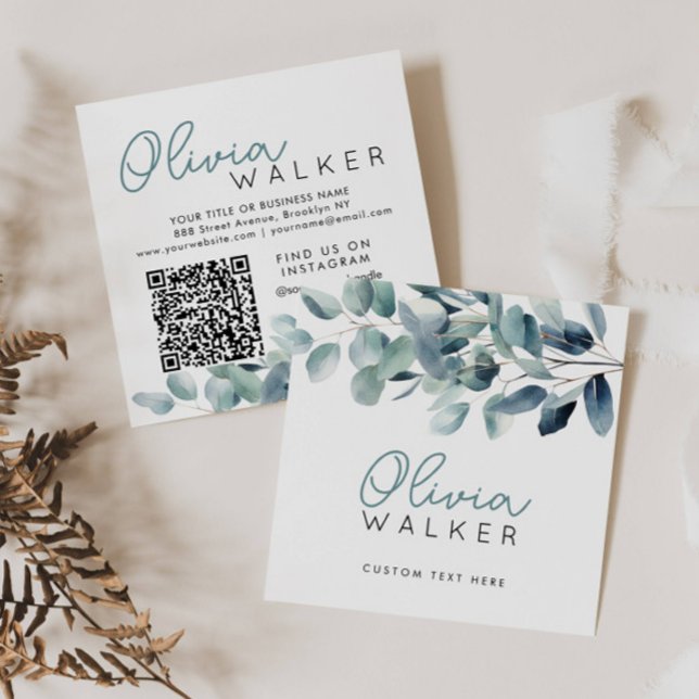 Elegant Greenery Botanical Script Name QR Code Square Business Card (Creator Uploaded)