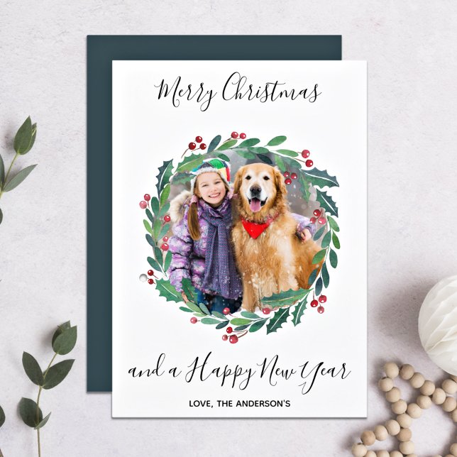 Elegant Greenery Botanical Wreath Christmas Photo Holiday Card (Creator Uploaded)