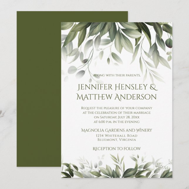 Elegant Greenery Botanicals - Olive Green  Invitation (Front/Back)