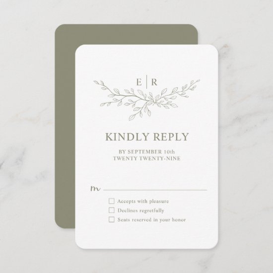 Elegant Greenery Branch Monogram RSVP Card