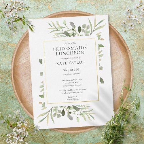 Elegant Greenery Bridesmaids Luncheon Gold Foil Invitation