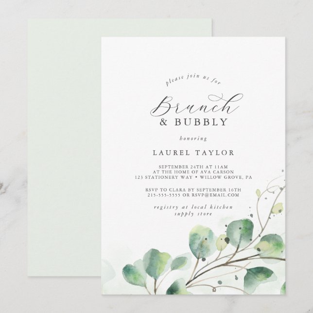 Elegant Greenery Brunch and Bubbly Bridal Shower Invitation (Front/Back)