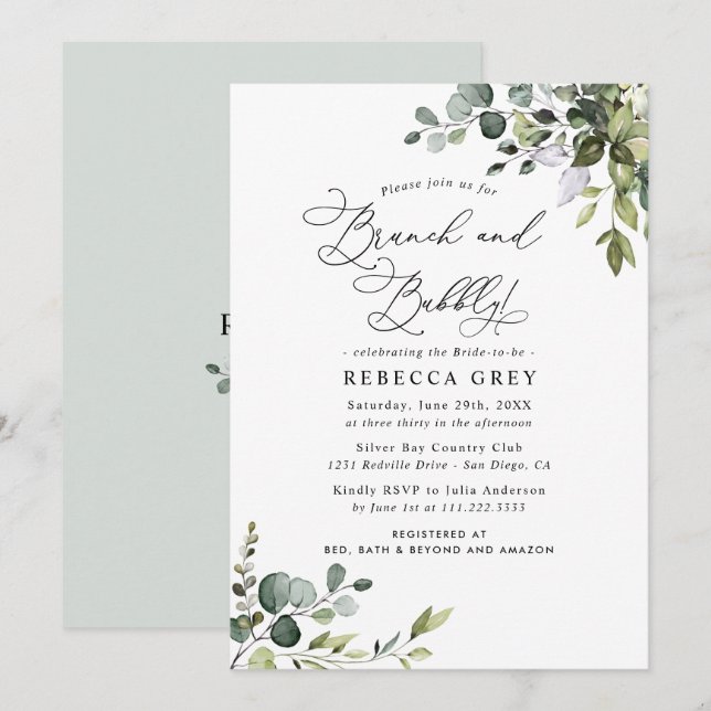 Elegant Greenery Brunch & Bubbly Bridal Shower Invitation (Front/Back)