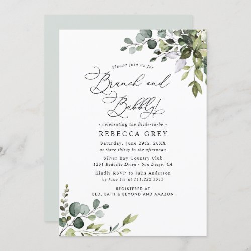 Elegant Greenery Brunch  Bubbly Bridal Shower Invitation