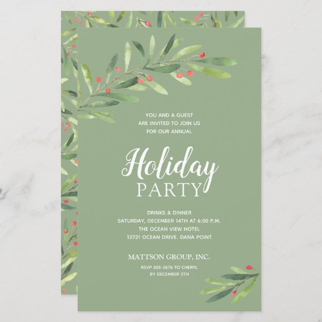 Elegant Greenery Budget Holiday Invitations (Front/Back)