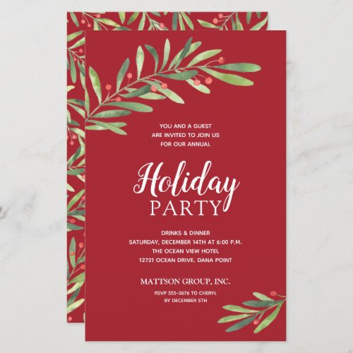 Elegant Greenery Budget Red Holiday Invitations