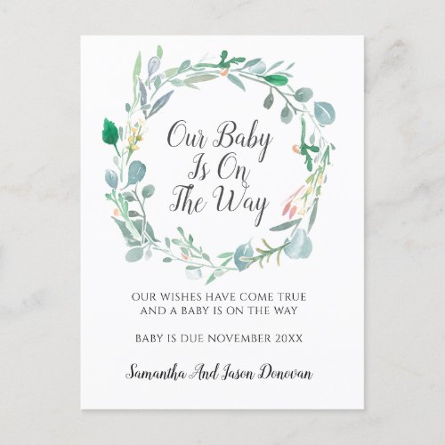 Elegant Greenery Buds Watercolor Floral Pregnancy Announcement Postcard