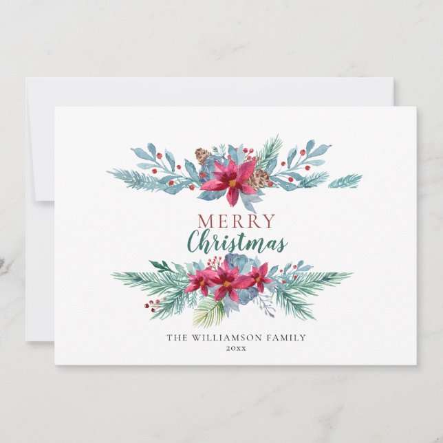 Elegant Greenery Burgundy  Vintage Holiday Card (Front)