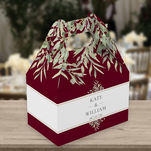 Elegant Greenery Burgundy Wedding Favor Boxes (Creator Uploaded)