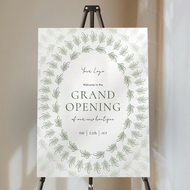 Elegant Greenery Business Logo Grand Opening Sign (Elegant greenery frame grand opening event welcome sign easel board)