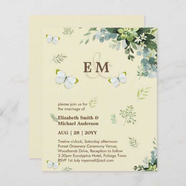 Elegant Greenery Butterflies Wedding Invitations (Front/Back)