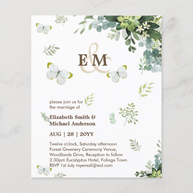 Elegant Greenery Butterflies Wedding Invitations Flyer (Front)