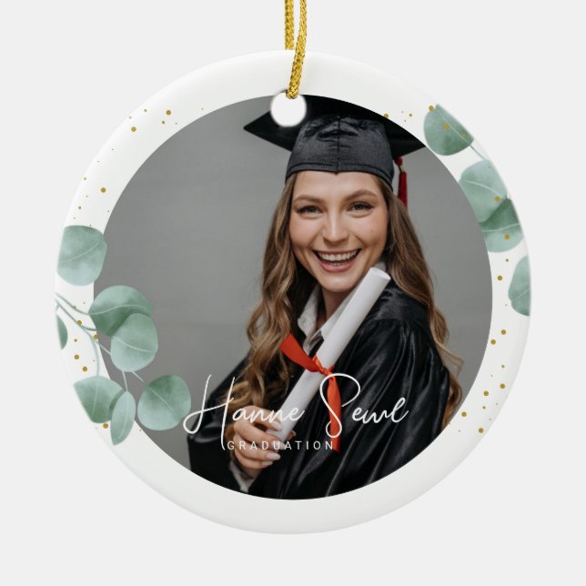 Elegant Greenery Calligraphy | Graduation photo Ceramic Ornament (Front)