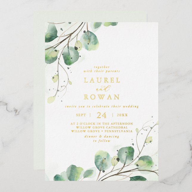 Elegant Greenery Casual Gold Foil Wedding Invitation (Front/Back)