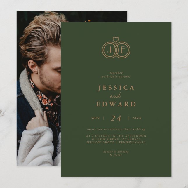 Elegant Greenery Casual Monogram Photo Wedding Invitation (Front/Back)