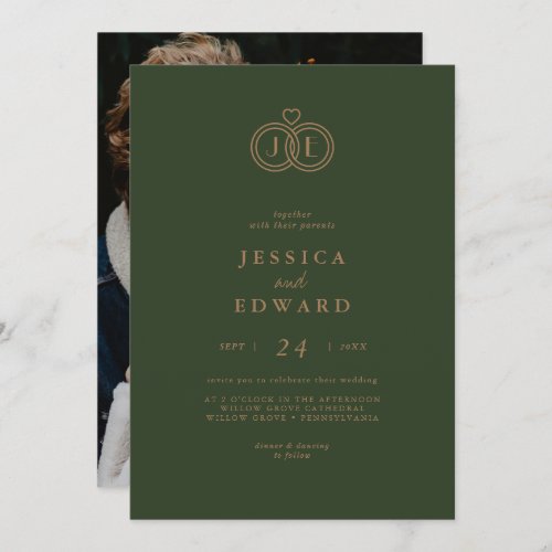 Elegant Greenery Casual Monogram Photo Wedding Invitation