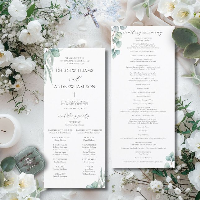 Elegant Greenery Catholic Wedding Mass Program  (The elegant Chloe Catholic wedding program features watercolor greenery and white flowers)