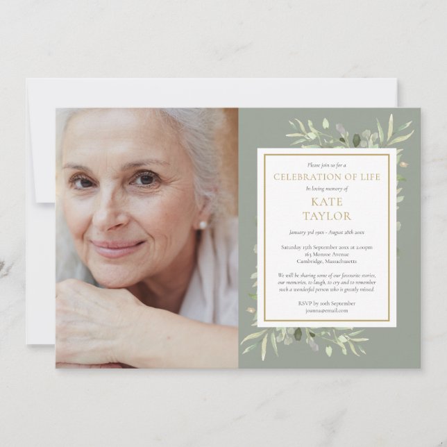 Elegant Greenery Celebration of Life Photo Invitation (Front)
